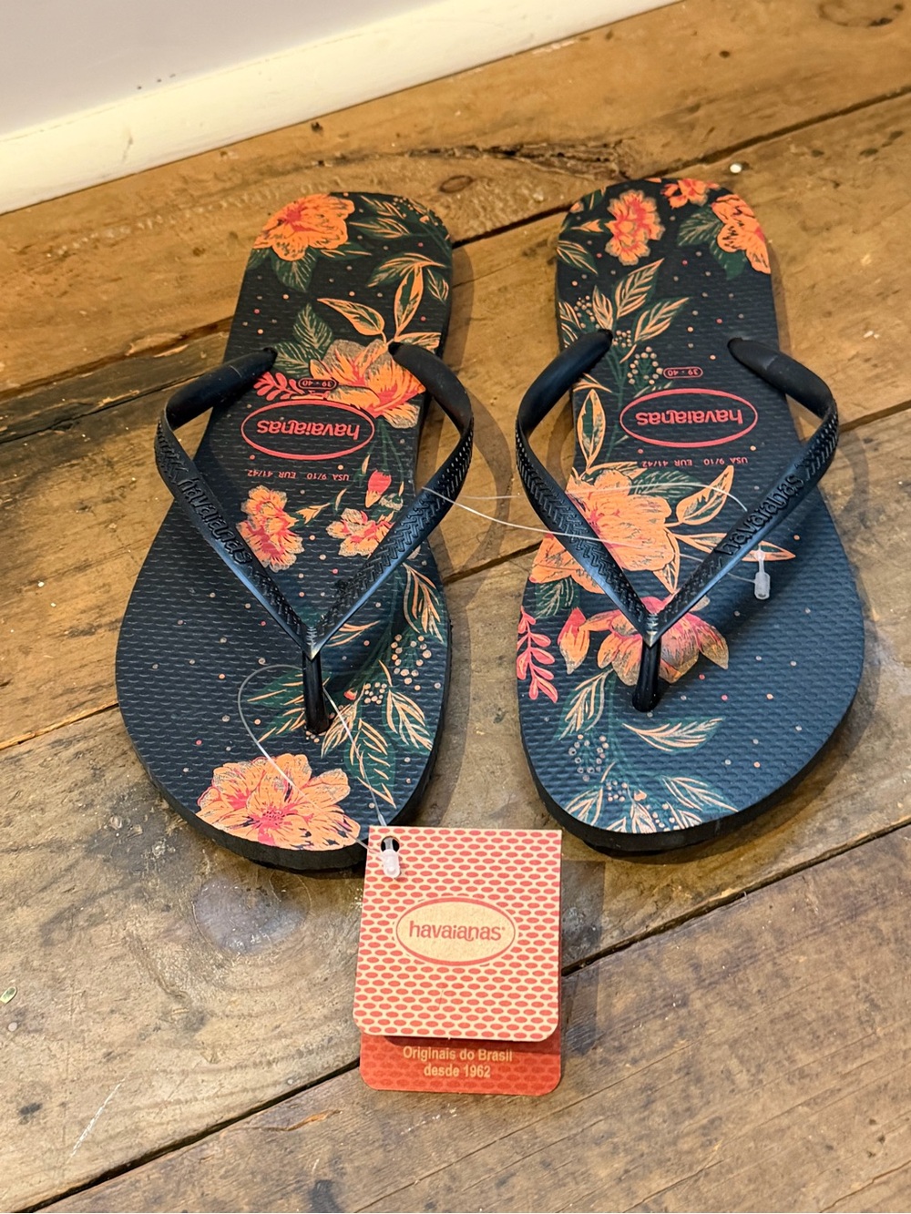 Havaianas Black Flip Flops with Coral Floral Print